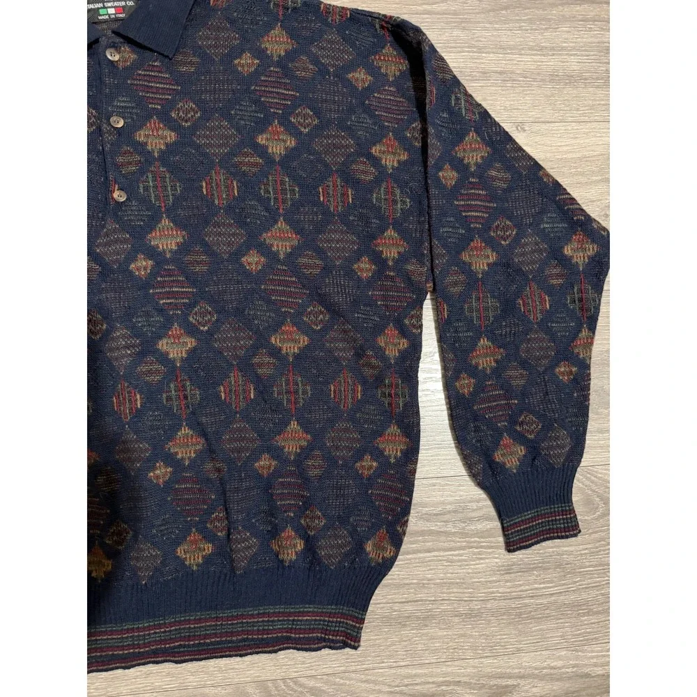 Vintage 80s The Italian Sweater Men L Wool Blend Navy Diamond Knit Polo Sweater
